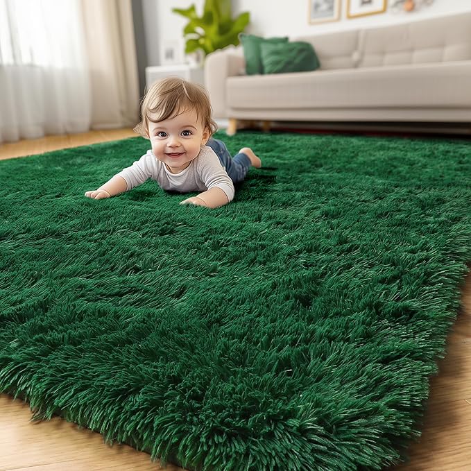 Amdrebio Dark Green Area Rugs for Bedroom Aesthetic, Fluffy Rug for Living Room, Soft Bedside Rugs 4x6 for Kids Room, Teen, Women, Shaggy Throw Rug for Dorm Classroom Office Nursery, Deep Green Carpet