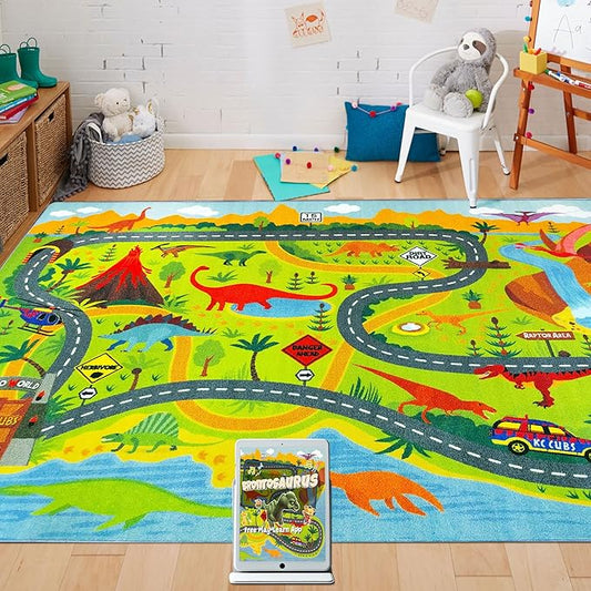 KC Cubs Dinosaur Dino Safari Road Map Learning & Game Area Carpet for Kids and Children Bedrooms and Playroom Educational Rug, 5 ft x 6 ft 6 in, Multi
