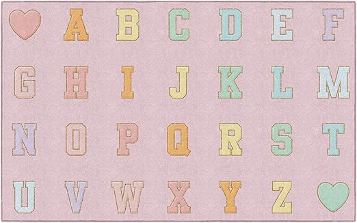 Flagship Carpets Schoolgirl Style Pink Pastel Alphabet Criss-Cross Applesauce Educational Area Rug for Kids Room Seating Décor, Children's Classroom, Play Carpet for Teaching and Playroom, 7'6" x 12'