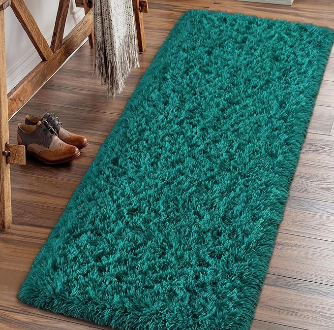 Amearea Shag Blue and Green Runner Rug for Bedroom Girls Living Room, 2x6 Teal Green Feet Extra Soft and Fluffy Shaggy Rugs, Non Slip, Indoor Floor Long Carpet Mat for Boys Nursery Home Decor