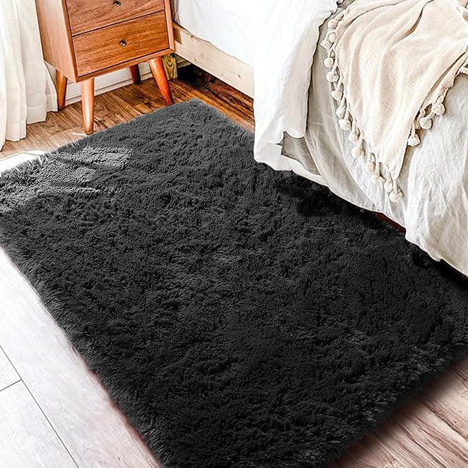 PAGISOFE Black Machine Washable Area Rugs for Bedroom,2x3 Small Fluffy Boys Rug, Soft Thick Rugs for Kids Room,Plush Shag Carpet,Accent Throw Rugs, Home Decor Aesthetic Indoor Bedside Rug Nursery