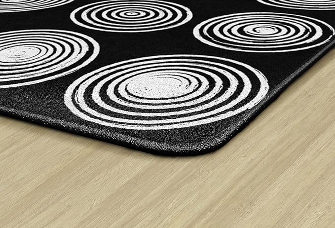 Flagship Carpets Circles Abstract Educational Area Rug for Kids Room Seating Décor, Children's Classroom, Play Carpet for Teaching and Playroom, Seats 20, 6' x 8'4", Black & White