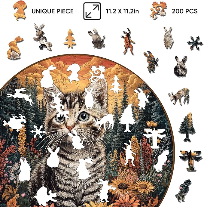 Wooden Puzzle for Adults - 3D Cat Pet Wooden Jigsaw Puzzles, 200 Piece Medium Size Family Reunion Puzzle for Adults and Kids, Exquisite Packaging, Best Gift for Family Friends 11.2x11.2 in