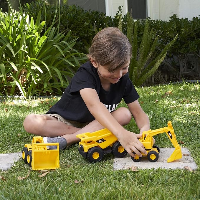 CAT Construction Toys, Mini Crew 3-Pack 7”, Push-Powered Yellow Construction Vehicle Toys, Includes Dump Truck, Wheel Loader, and Excavator for Kids and Toddlers Ages 2+
