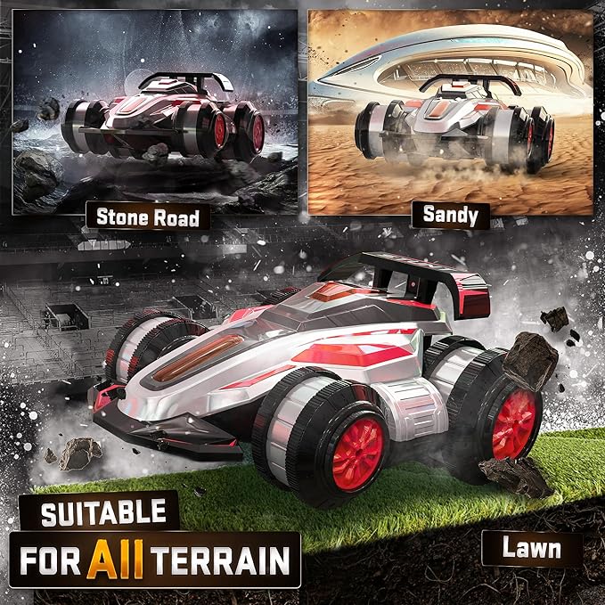 BEZGAR Upgraded Remote Control Cars for Boys Age 4-7 - 360 Spin Rotating Fast RC Toy, 4WD Upright Walking Rc Stunt Car with LED Lights Music, 2.4Ghz Indoor/Outdoor All Terrain Rechargeable Cars(Red)