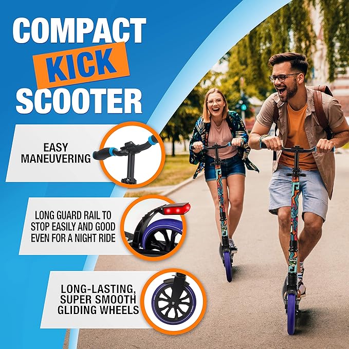 SereneLife Kick Scooter Adult Teenagers Kids- 2 Wheel Kids Scooter with Adjustable T-Bar Handlebar - Alloy Anti-Slip Deck - Portable Folding Scooters for Kids with Carrying Strap
