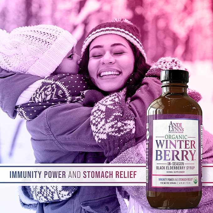 Andi Lynn's Winterberry Black Elderberry Syrup - Includes Black Elderberries, Cinnamon, Ginger, Honey & Lemon - Immune Support for Whole Family - Organic & Great Tasting Syrup 4oz