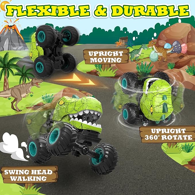 Monster Truck Toys for Boys Age 4-7, Remote Control Dinosaur Cars with Dino FlashCard, T Rex Dinosaur Toys 2 Battery, Spray, Light, Music, Remote Control Car Kids 4 5 6 7 8 Years Old Boy Gift