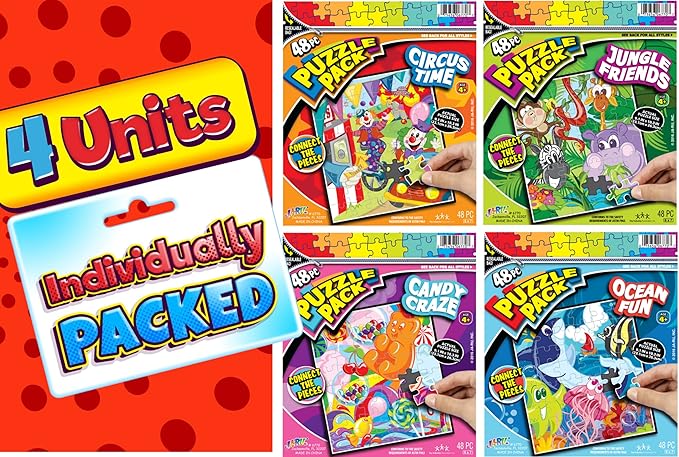 JA-RU Mini 48 Piece Puzzles for Kids Ages 4-8 Years & Up (4 Pack Assorted) with Resealable Travel Bag. Animal Puzzle Party Favors. Jigsaw Puzzles for Preschoolers. 6770-4s