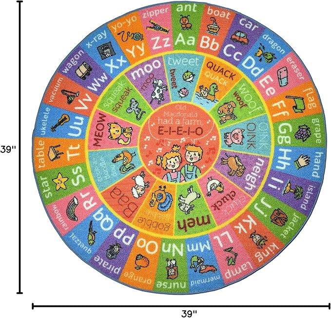 KC Cubs Playtime Collection ABC Alphabet with Old MacDonald's Animals Educational Learning & Game Round Circle Area Rug Carpet for Kids and Children Bedrooms and Playroom