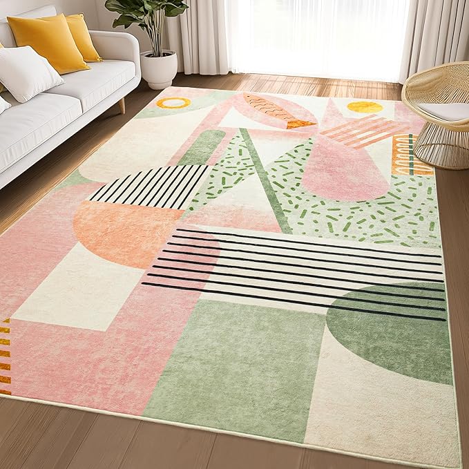 Tepook Pink Area Rug for Living Room, 5x7 Indoor Carpet for Bedroom Washable, Non-Slip Abstract Print Kids Rug for Nursery Playroom Classroom Dorm Office Dining Room