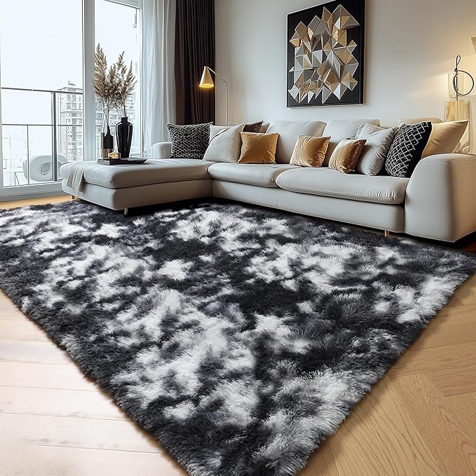 Amdrebio Black White Grey Area Rugs for Living Room, 6x9, Soft Fluffy Rug for Bedroom, Furry Plush Rugs for Kids Room, Modern Large Shaggy Rug for Men Teen Boys, Aesthetic Cool Floor Carpet for Dorm