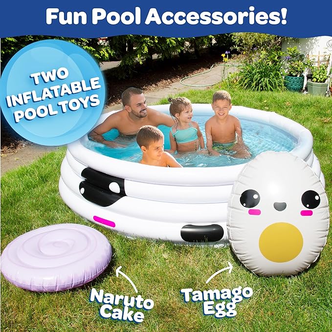 Large Inflatable Kiddie Pool- Cute Ramen Kawaii Theme, Children's Swimming Pool w Play Pillow Floats & Accessories- 67"x26" Family Size for Baby Kids Adults, Outdoor Beach or Backyard Summer Water Fun