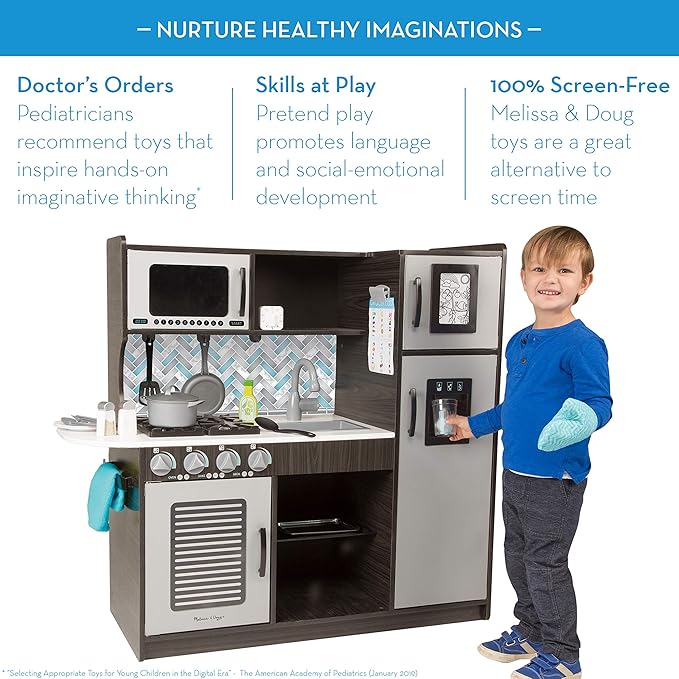 Melissa & Doug Wooden Chef’s Pretend Play Toy Kitchen With “Ice” Cube Dispenser – Charcoal Gray - Kitchen Play Set For Toddlers And Kids Ages 3+