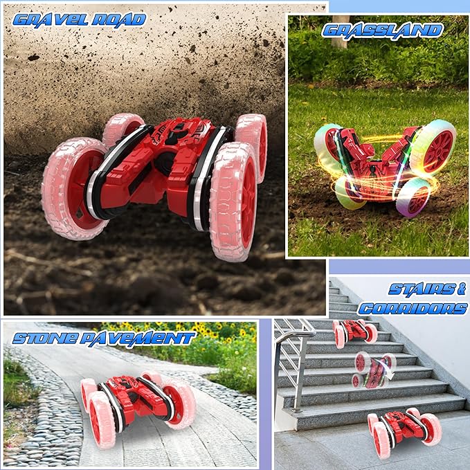 360°Rotating RC Cars with Cool,RC Cars with Sides Light and Headlights,2.4Ghz All Terrain Toy Car for Boys Girls Birthday Gift(Red)