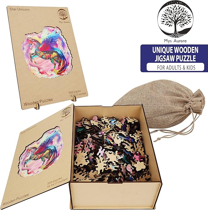 Wooden Jigsaw Puzzles for Adults, Unicorn Jigsaw Puzzles 500 Pieces, Unique Animal Shaped Wooden Puzzles for Adults and Kids, Family Game 17.1x16.5 Inch