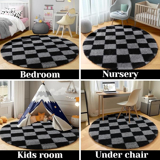 KICMOR Round Rug 4ft for Bedroom, Soft Fluffy Circle Area Rug Cute Fuzzy Shag Shaggy Small Living Room Carpet, Black and Grey Plush Checkered Circular Rug for Kids Room Nursery Home Decor Aesthetic