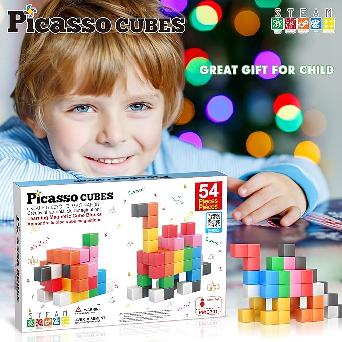 PicassoTiles Magnet Cube Building Blocks 1.2" 3CM Magnetic Cubes Toy Construction Building Educational Sensory Toys with Idea Booklet for School & Preschool Kids Boys Girls Toddlers PMC301
