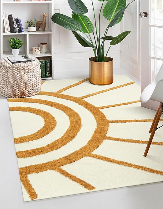 OJIA Boho Area Rug 4'x6', Tufted Living Room Rug Cotton Woven Machine Washable Rugs Beige Bedroom Rug, Farmhouse Tribal Floor Carpet Accent Rugs for Nursery Room/Dining Room