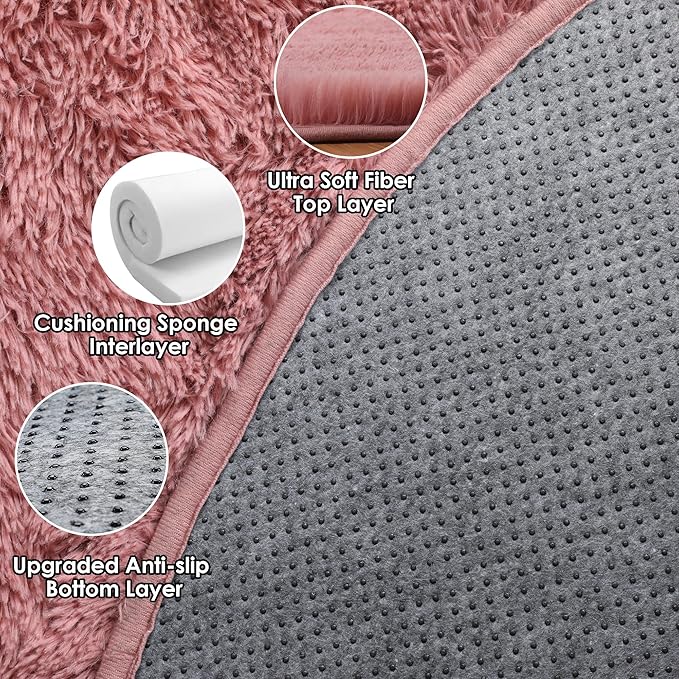 ONASAR Blush Round Area Rugs 5ft, Soft Bedroom Circle Rug Mats for Kids Girls Teen Room, Fluffy Plush Shaggy Carpet for Dorm Nursery Living Room Playroom Home Decor Princess Castle