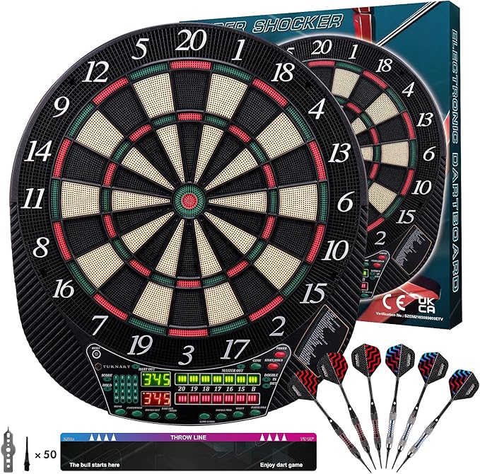 Turnart Electronic Dart Board - Dart Board Electronic Scoreboard for 16 Players - 6 Darts Plastic Tips 50 Soft Tips LED Display Power Adapter Throw Line