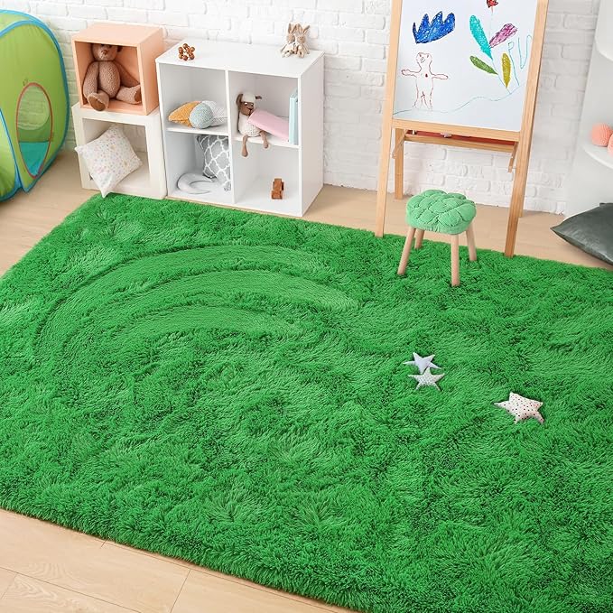 Amearea Premium Soft Area Rug 4x5.3 Feet, Green Rugs for Living Room, Fluffy Carpet for Bedroom Nursery Playroom Teen Home Decor, Comfortable Indoor Furry Dorm Carpets, Green