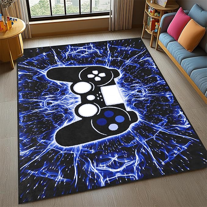 Game Controller Gaming Rugs Art Abstract Background Open Space Gamer Rug Hyperspace Home Decoration for Teen Boys Game Style Bedroom Living Playing Room Black Blue