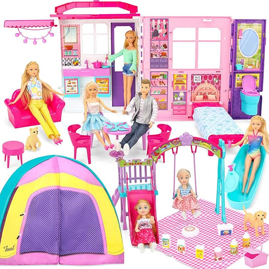 Doll House Portable & Foldable Dollhouse w/ 60+ Pcs & 2 Dolls, Play House Toy with Bedroom Kitchen Furniture Camping Playset, Playhouse Birthday Gift for Girl Kid Toddler