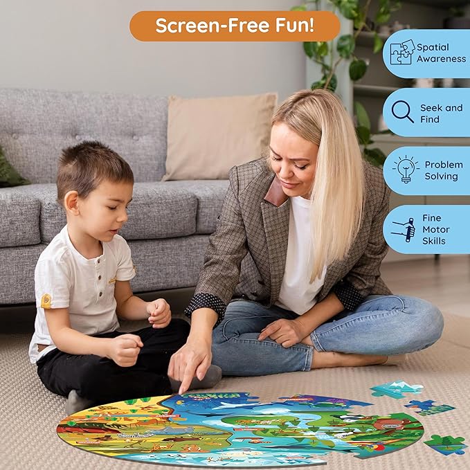 Jumbo 70 Piece Round Floor Puzzles for Kids Ages 3-5, 6-8, Large Jigsaw Puzzle with Educational Flash Cards and 3D Figures | Educational Gift (Animal Safari)