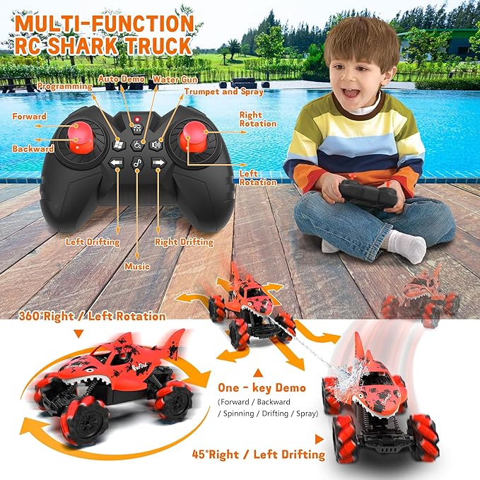 Eulogia Shark Remote Control Car, RC Stunt Car Toy with Water Shooting Spray, Music, 360-degree Rotations Drifting, One-Key Demo Programming Fun Truck Gift for Boys Grils (Red)