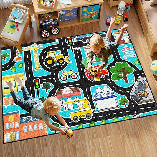 Car Rug Play Mat - Kids Play Rugs City Life Road Map Rug 3x5 Feet Large Educational Traffic Track Car Mat for Kids Toy Cars Carpet for Kid Bedroom Playroom Classroom Decor