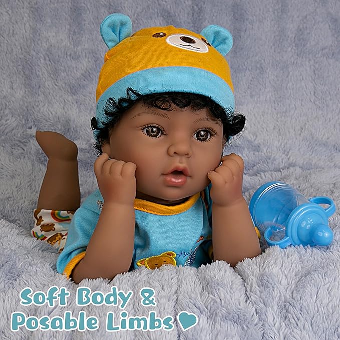Lifelike Reborn Baby Doll 18-Inch American African Baby Boy Newborn Baby Doll Soft Cloth Body Real Life Baby Dolls for Kids 3+, Complete with Clothes and Toy Accessories