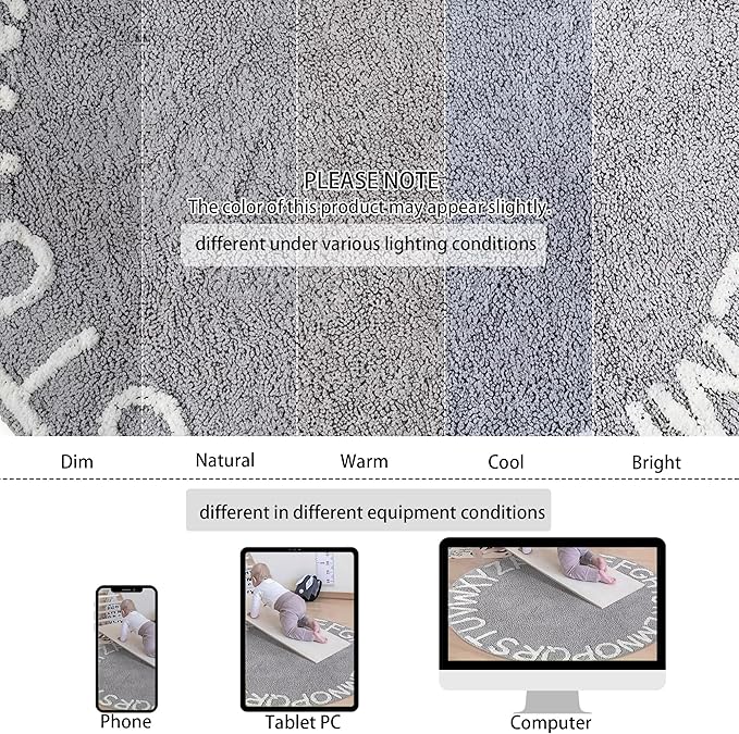 ABC Rug for Kids Room Circle Alphabet Nursery Rug for Baby Boy and Girl - Round Neutral Toddler Playroom Rug, Letter Learning Carpet 59 Inches