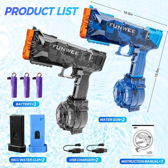 2 Pack Electric Water Guns for Kids, Long Range Powerful Classic Water Squirt, Strongest Full Automatic Water Pistol High Capacity 400+ Water Blaster, Summer Outdoor Swimming Pool Water Toy
