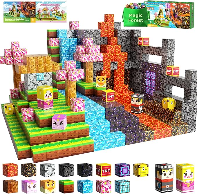 100PCS Magnetic Blocks, Magnetic Cubes Magic Forest Set for Boys & Girls Toys Age 3-5 6-8 8-10, Magnetic Tiles 1" Building Blocks Toddler Toys STEM Sensory, Creative Kids Games Kids Toys