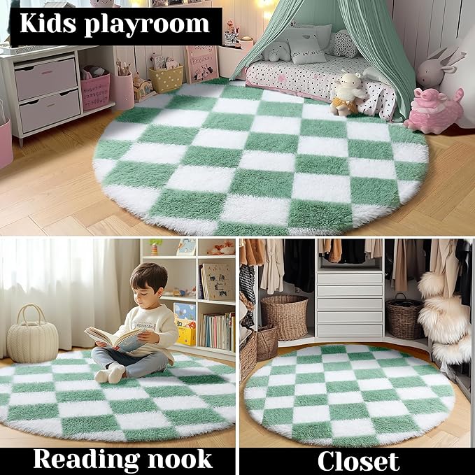 KICMOR Round Rug 4ft for Bedroom, Fluffy Soft Circle Area Rug Cute Small Living Room Carpet, Sage Green and White Fuzzy Shag Shaggy Checkered Circular Rugs for Kids Room Nursery Home Decor Aesthetic