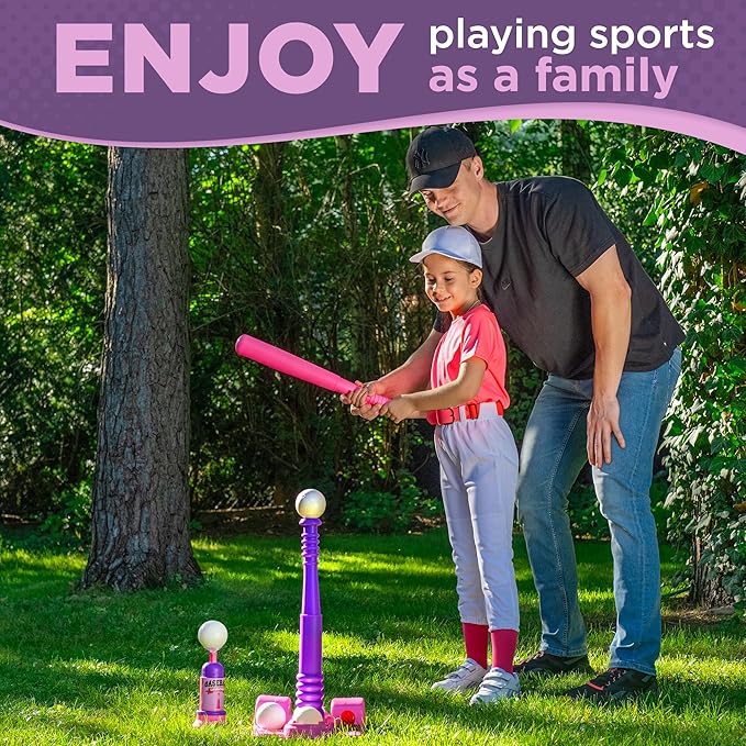 T Ball Stand for Kids and Toddlers 1-3, 3-5, 5-8. Baseball Set Includes 6 Large Balls, an Adjustable Tball Batting Tee, and a Pitching Machine. Kids Bat and T-Ball Set
