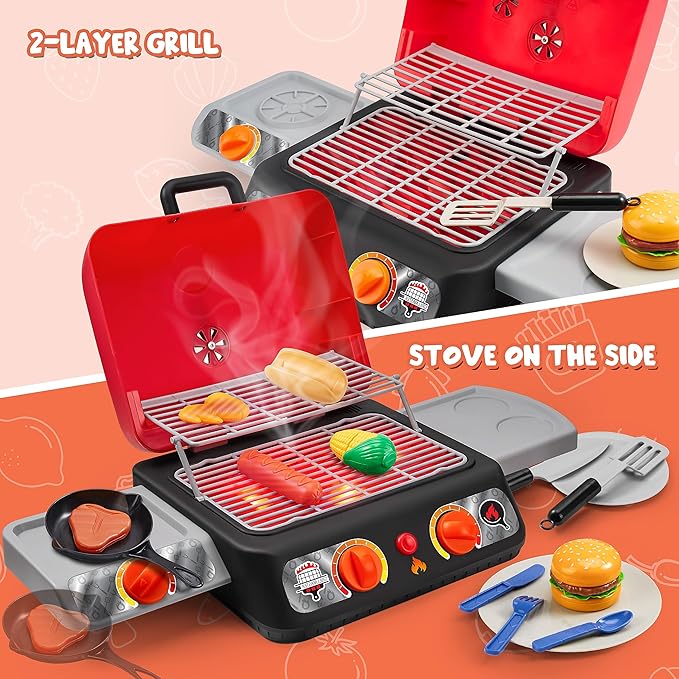 Kids BBQ Grill Playset, Kitchen Toy Set with Pretend Smoke, Light, Sound & Color-Changing Food, Play Kitchen Accessories, Indoor Outdoor Cooking Toy for Boys Girls Kids Birthday Gift