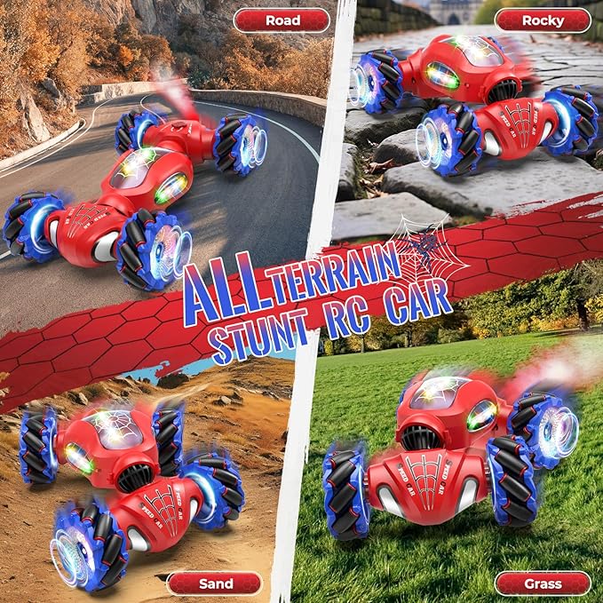 Spider Remote Control Car Toys for 6-12 Boys Girls, Birthday Gifts for Kids, 2.4Ghz 4WD Gesture Sensing RC Stunt Car with Light & Music & Spray, Double-Sided 360° Rotating Hand Control