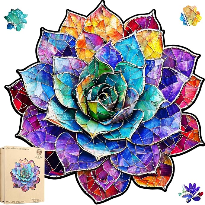 Stained Glass Succulent Wooden Puzzles for Adults, 500 Pieces Mandala Jigsaw Puzzles, Unique Shaped Royal Size Wood Puzzle Gift for Kids, Family Game 16.4'' x 16.7''