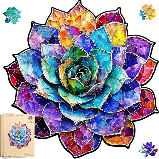 Stained Glass Succulent Wooden Puzzles for Adults, 500 Pieces Mandala Jigsaw Puzzles, Unique Shaped Royal Size Wood Puzzle Gift for Kids, Family Game 16.4'' x 16.7''