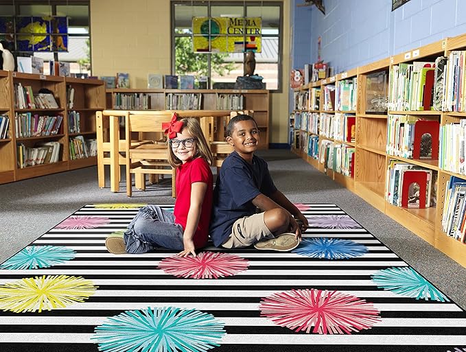 Flagship Carpets Schoolgirl Style Just Teach Poms Classroom Area Rug for Indoor Classroom Learning or Kid Bedroom Educational Play Mat, 7'6" x 12', Multi