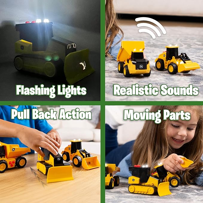 John Deere Realistic Farm Vehicles 3 Pack, 5" Toy Construction Vehicles with Lights, Sounds and Friction Rev Motor, Party Favor and Gift for Kids 3+