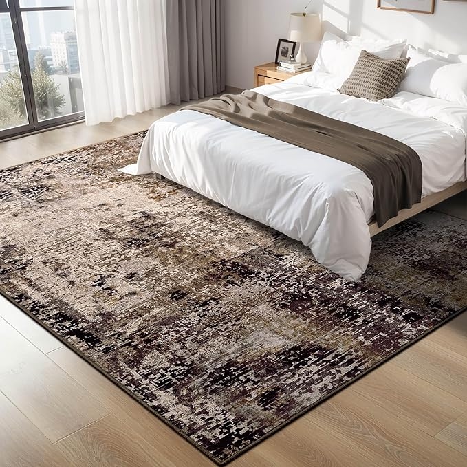 Ompaa Living Room Rug 8x10 Brown Area Rugs Machine Washable Abstract Coffee Boho Large Carpet Non-Slip Non-Shedding Faux Wool Indoor Vintage Rug for Bedroom, Classroom, Dining Room, Kids Playroom