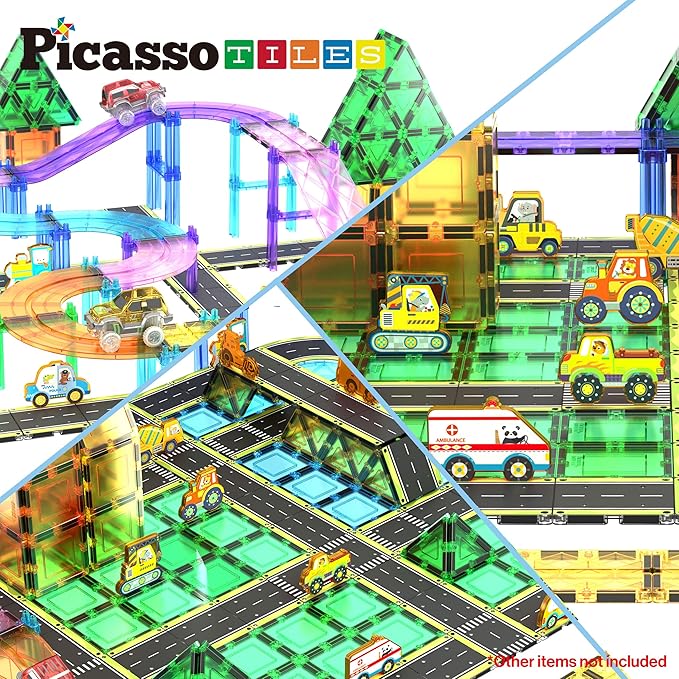 PicassoTiles Magnet Tile Car Track Adventure Theme Printed Street Road Runway Speedway Highway Magnetic Building Tiles Block Construction Pretend Play Playset STEM Education Learning Kit Kids 3+ PTE16