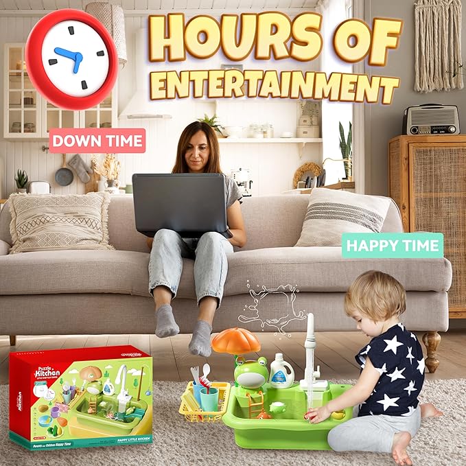 Play Sink with Running Water for Toddlers, Play Kitchen Sink Toy with Electric Faucet for Kids, Pretend Play Dishwasher Play Set with Floating Pool Toys and Fishing Game for Boys Girls