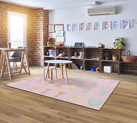 Flagship Carpets Schoolgirl Style Pink Pastel Alphabet Criss-Cross Applesauce Educational Area Rug for Kids Room Seating Décor, Children's Classroom, Play Carpet for Teaching and Playroom, 5' x 7'6"