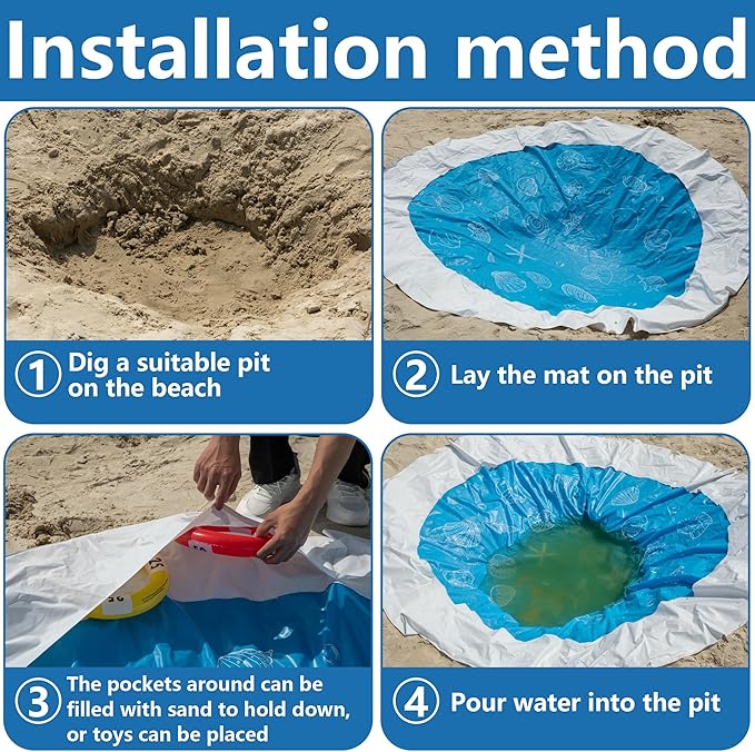 6.5 x 6.5 Feet Baby Beach Pool-Kiddie Pool and Beach Blanket-2 in 1 Toddler Paddling Pool-Beach Toys for Infant Kids Boys and Girls
