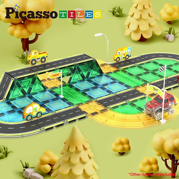PicassoTiles Magnet Tile Car Track Adventure Theme Printed Street Road Runway Speedway Highway Magnetic Building Tiles Block Construction Pretend Play Playset STEM Education Learning Kit Kids 3+ PTE16