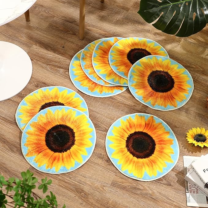8 Pcs Classroom Carpet Kids Rug 15 x 15 Inch Back to School Supplies Round Non Slip Mat for Nursery Kindergarten Playroom Bedroom(Sunflower)